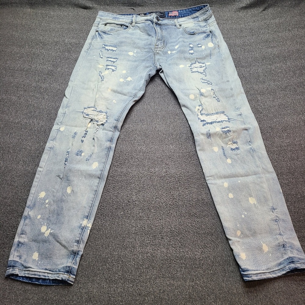 DAMATI Jeans Mens W38 Light Wash Distressed Paint‎ Splatter Denim Straight Fit